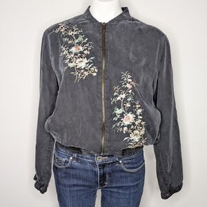 A Moss Grey White Floral Embroidered Satin Zip Up Jacket M